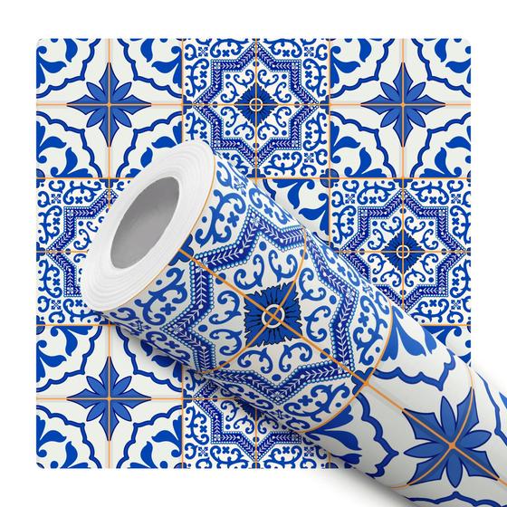 Imagem de Papel De Parede Vinílico Azulejo Português Azul e Branco Cozinha 10m