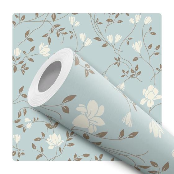 Imagem de Papel de Parede Vinílico Flores Branca Fundo Azul Sala Quarto 10m