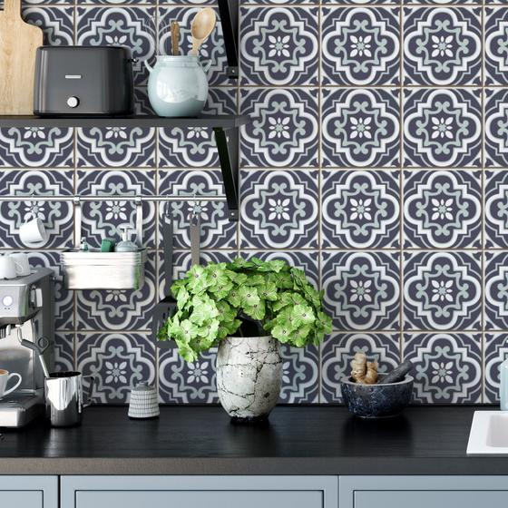 Papel de Parede Vinílico Ladrilho Português Roxo Cozinha 3m ...