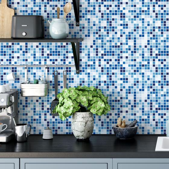Imagem de Papel De Parede Vinílico Pastilhas Tons Azul E Branco Cozinha Banheiro 3.5m