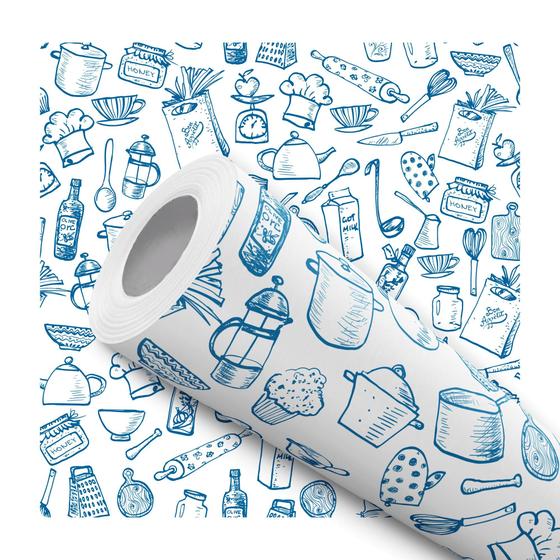 Imagem de Papel de Parede Vinílico Utensilios Cozinha Azul E Branco 10m