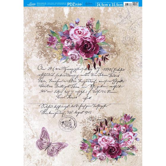 Imagem de Papel Decoupage Flores, Textos e Borboletas Pdz-025 24,5x33cm Litoarte