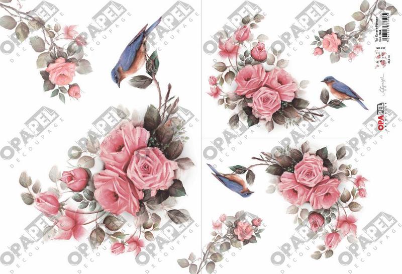 Imagem de Papel Decoupage Opapel 30x45cm Flor Rosas e Passaro 2484 Opa