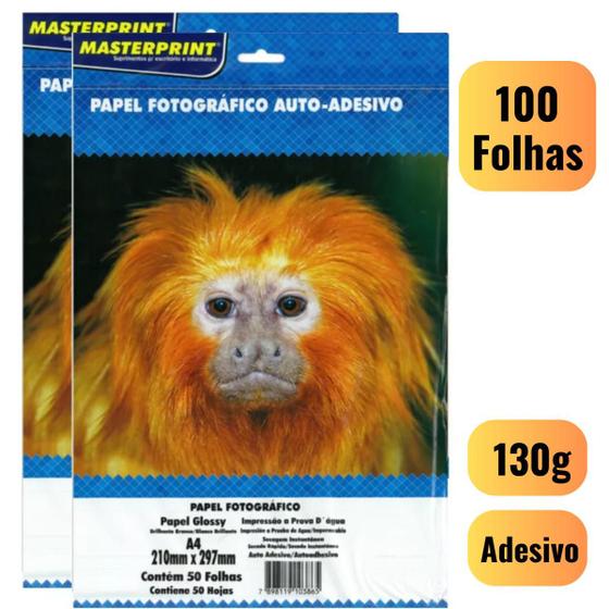 Imagem de Papel Fotográfico Adesivo A4 Glossy 130g Premium 100 Folhas Masterprint Foto Prova Premium Brilhante Prova Dágua Filme