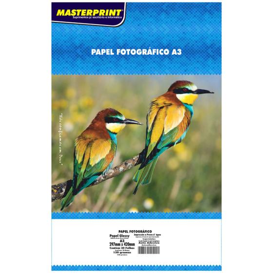 Imagem de Papel Fotográfico Adesivo Glossy A3 com 20 folhas 130g Branco Brilhante Masterprint