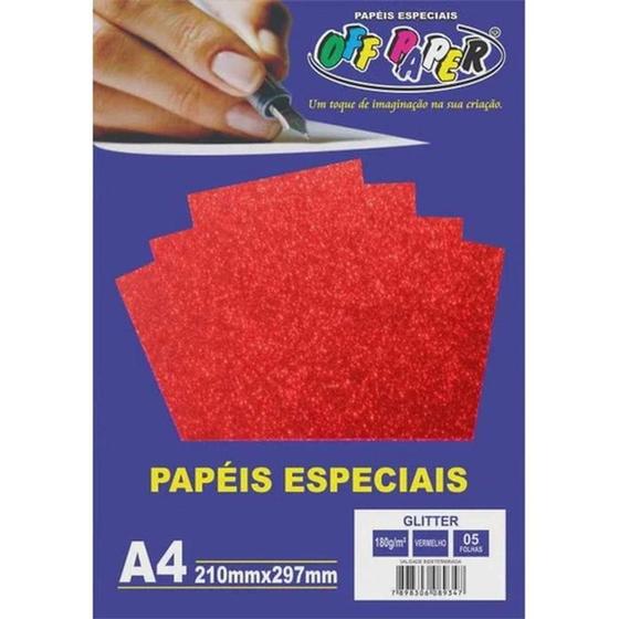 Imagem de Papel Gliter 210x297mm A4 5 Folhas 180g Vermelho - Off Paper