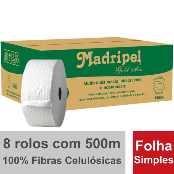 Imagem de Papel Higiênico Branco Rolão Folha Simples Luxo Madripel Gold Slim Caixa com 8 rolos de 10cm x 500m