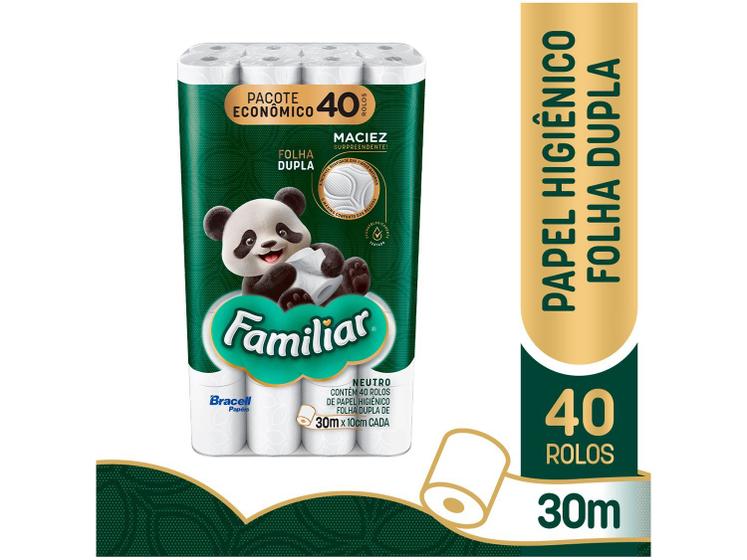 Embalagem do Papel Higiênico Bracell Familiar destacando a folha dupla, 40 rolos e 30 metros