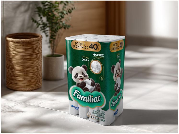 Pacote de Papel Higiênico Bracell Familiar posicionado em um ambiente de banheiro com decoração clean