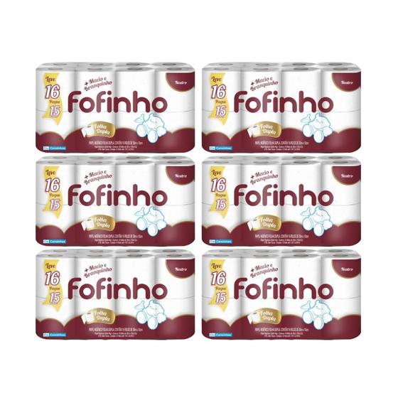 Imagem de Papel Higiênico Folha Dupla Fofinho 6 pacotes com 16 rolos de 30 metros cada