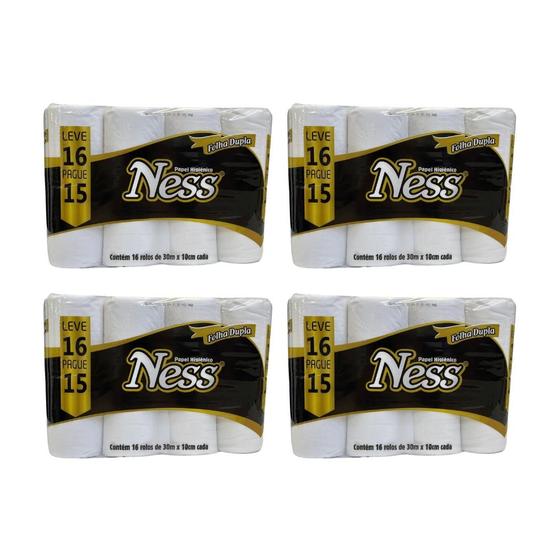Imagem de Papel Higiênico Folha Dupla Ness com Alça 4 pacotes com 16 rolos de 30 metros