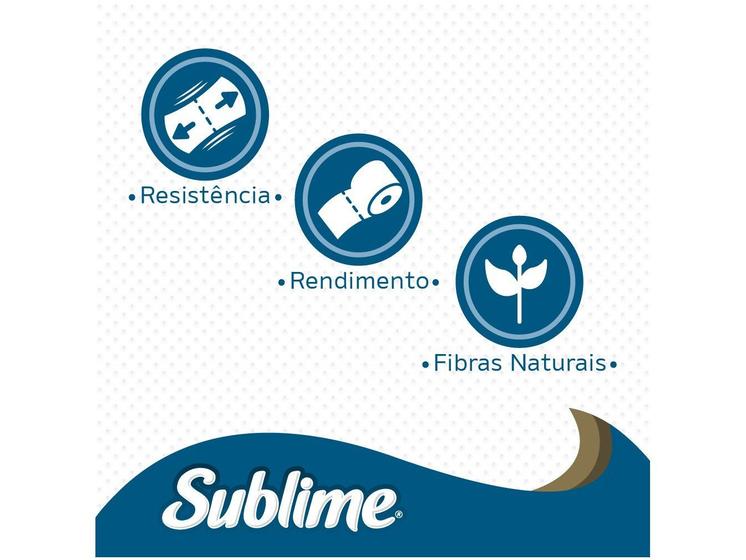 Três ícones circulares em fundo branco: um de resistência com setas opostas, um de rolo de papel higiênico para rendimento e um de folha para fibras naturais, com o logo Sublime na parte inferior.