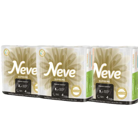 Imagem de Papel Higiênico Neutro Folha Tripla - Neve Supreme - Kit com 12 rolos de 20mts