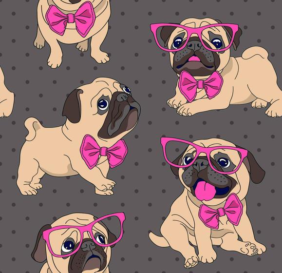 Imagem de Papel Parede Adesivo Cachorrinho Pug Fundo Marrom Quarto 10m