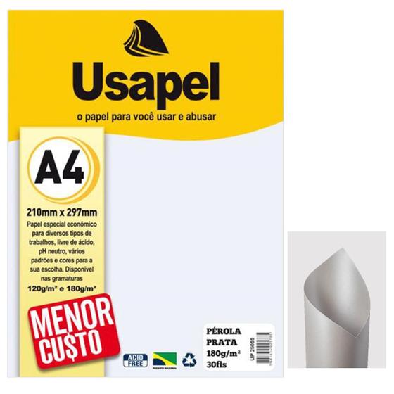 Papel Pérola A4 Gramatura 180g pacote 30 folhas Cor Prata Ideal para Convites Certificados Envelopes Embalagens - Usapel Imagem de Papel Pérola A4 Gramatura 180g pacote 30 folhas Cor Prata Ideal para Convites Certificados Envelopes Embalagens