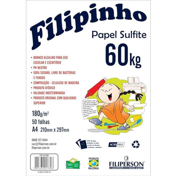 Imagem de PAPEL SULFITE A4 50 FOLHAS 180g FILIPINHO 10UN - FILIPERSON