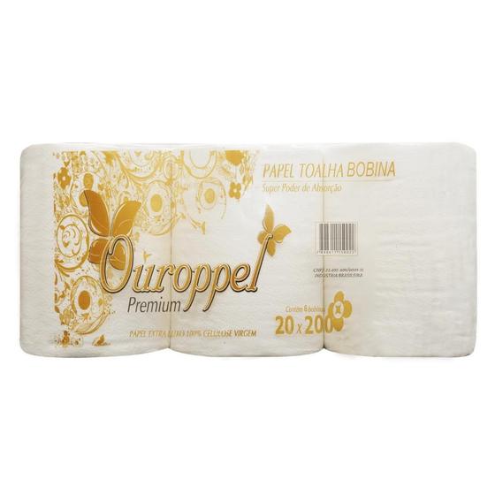 Imagem de Papel Toalha Bobina 100% celulose Ouroppel com 6 rolos de 200 metros