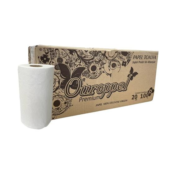 Imagem de Papel Toalha Bobina 100% Celulose Ouroppel com 8 Rolos de 100 metros