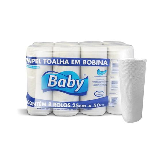Imagem de Papel Toalha Bobina Branco Baby com 8 rolos de 50 metros