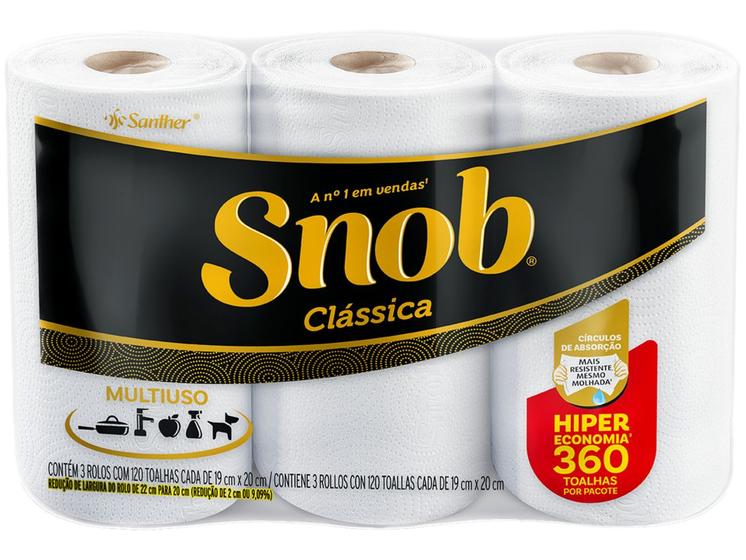 Papel Toalha Folha Dupla Santher Snob Clássica 3 Unidades 360 Folhas Menor preço em Papel Toalha Folha Dupla Santher Snob Clássica 3 Unidades 360 Folhas