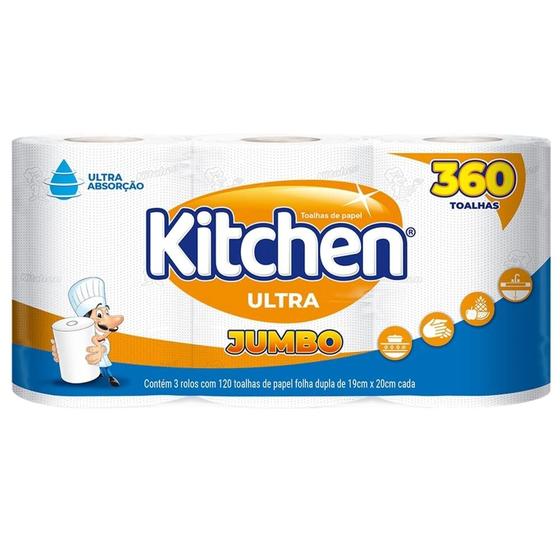 Papel Toalha Kitchen Jumbo 3 Rolos 360unds Folhas Duplas Menor preço em Papel Toalha Kitchen Jumbo 3 Rolos 360unds Folhas Duplas