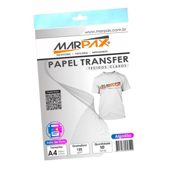 Imagem de Papel Transfer Jato de tinta A4 Tecidos Claros 150g/m² Marpax 10Fls