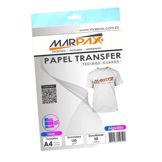 Imagem de Papel Transfer Laser A4 Tecidos Claros 150g/m² Marpax 10fls