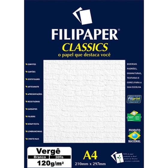 Imagem de Papel Vergê A4 Branco 120g com 30 Folhas Filipaper