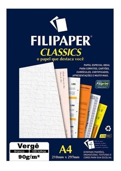 Imagem de Papel Vergê Branco A4 210x297mm 90g/m² Filipaper 100 Folhas