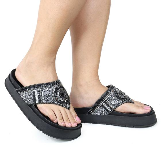 Imagem de Papete Feminina Sola Alta Sandália com Pedrarias Flatform Bordada