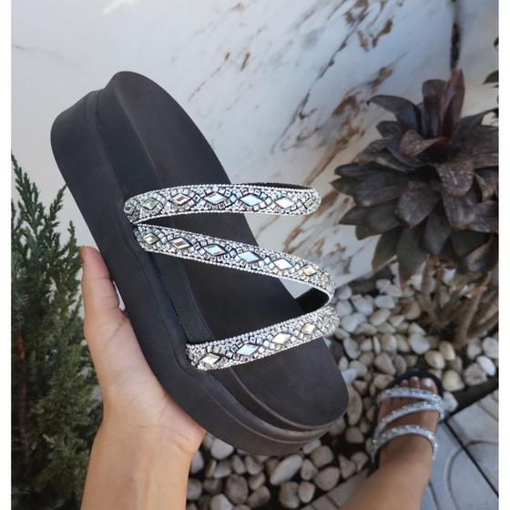 Imagem de Papete  Plataforma Alta Sandália Feminina Flatform 3 Tira Z Strass Luxo Branca Nude Caramelo