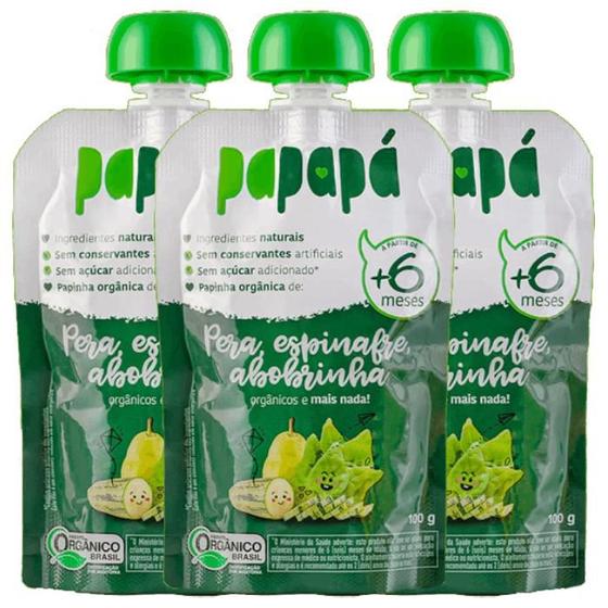 Imagem de Papinha Papapá Pera, Espinafre e Abobrinha Sem Açúcar, Orgânico, 100% Natural contendo 3 unidades de 100g cada