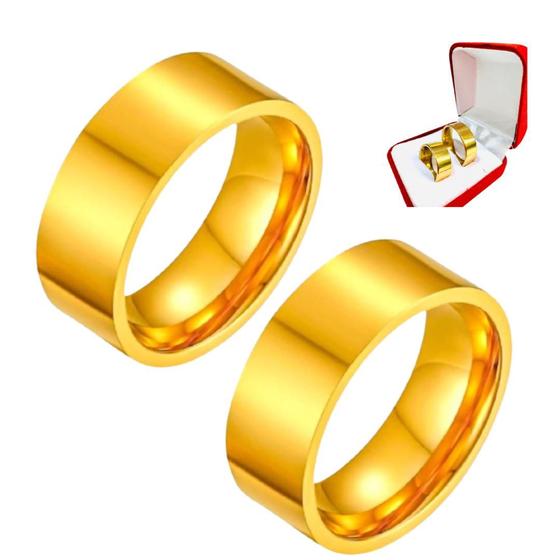 Imagem de Par Alianças Casamento 8mm Banhado Ouro 18k Reta Casal Compromisso Luxo Noivos