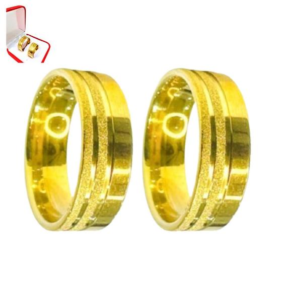 Imagem de Par Alianças Casamento Banhada Ouro 18k 6mm Risco Brilho Fosco Noivado Casal Tradicional Tungstênio Luxo