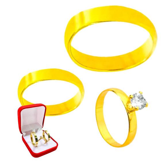 Imagem de Par Alianças Compromisso 4mm Banhado Ouro 18k Reta + Anel Solitário 2mm Ouro 18k Casamento Noivado Luxo