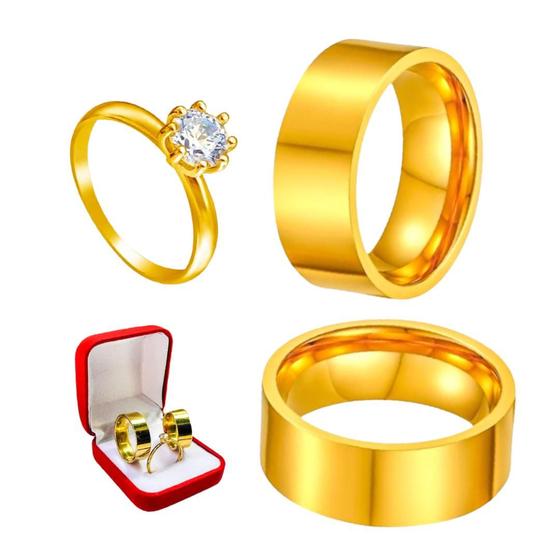 Imagem de Par Alianças Compromisso Ouro 8mm Reta + Anel Solitário 2mm Banhado Ouro 18k Com Zirconia Branca Luxo