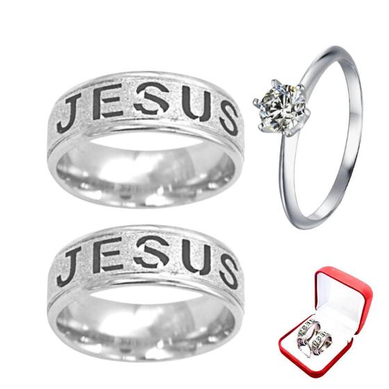 Imagem de Par Alianças Prata Namoro Anel Jesus 6mm + Anel Solitário Prata 2mm Zircônia Branca Luxo Casal