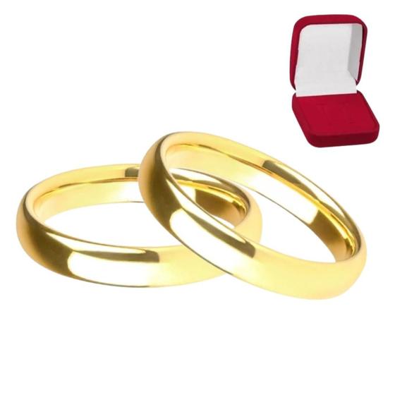 Imagem de Par de Alianças 4mm Banhado Ouro 18k Abaulada Anatomica Tradicional Casamento Noivado Luxo