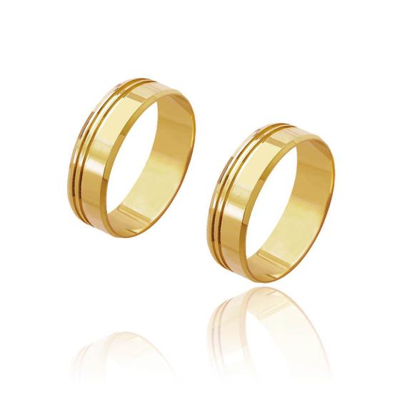 Imagem de Par de Alianças de Casamento Cronos Ouro 18k Reta 2 Frisos Laterais 5mm 6g