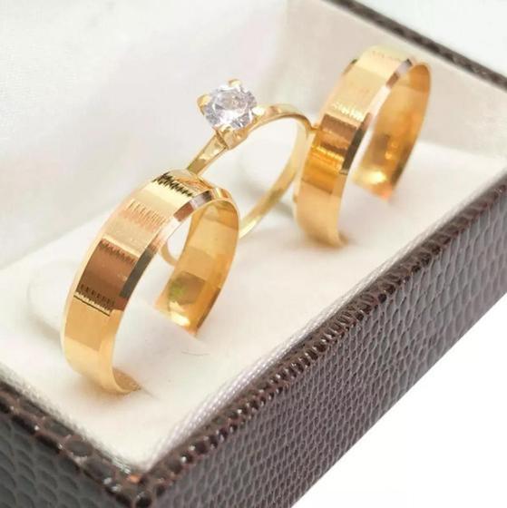 Imagem de Par de alianças de Casamento Ouro 18k Legítimo 4mm 4 gramas + anel solitário