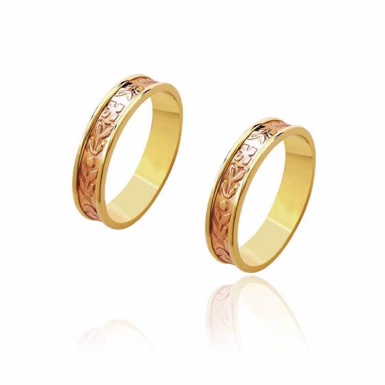 Imagem de Par de Alianças de Noivado Zeus Ouro Amarelo com Ouro Rosé Central 4,8mm 8,6g