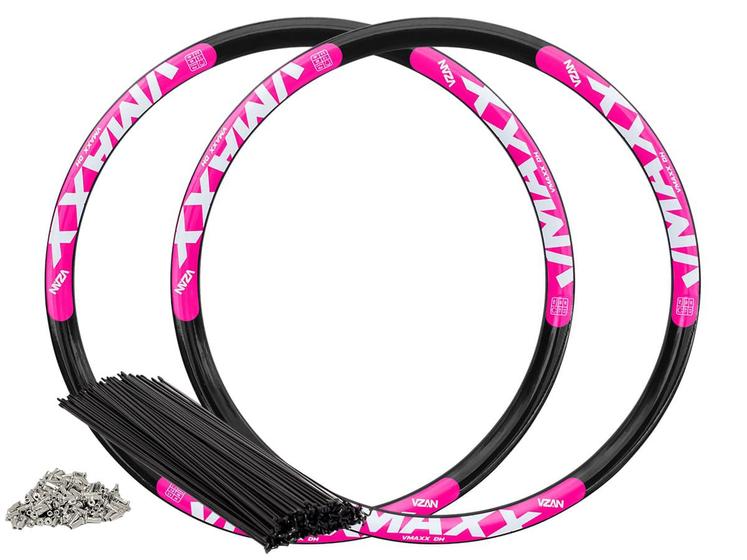 Imagem de Par de Aro 26 e Raios Vzan Vmaxx LT MTB Para Disco 36 Furos Preto Rosa