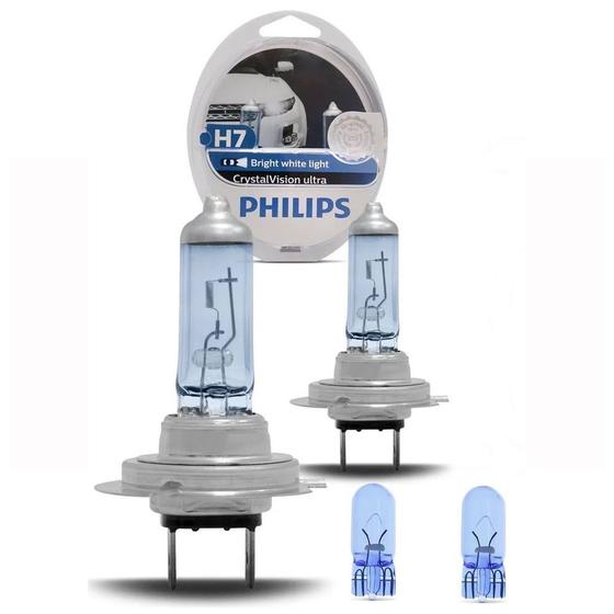 Imagem de Par de Lâmpadas Philips Super Branca H7 Crystal Vision 4300K 55W + 2 Lâmpadas Pingo Efeito Xenon