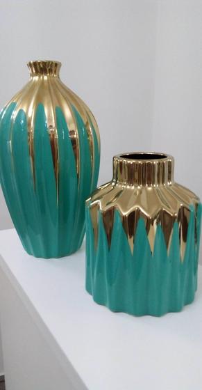 Imagem de Par de Vasos Cerâmica Verde e Dourado Esmaltado