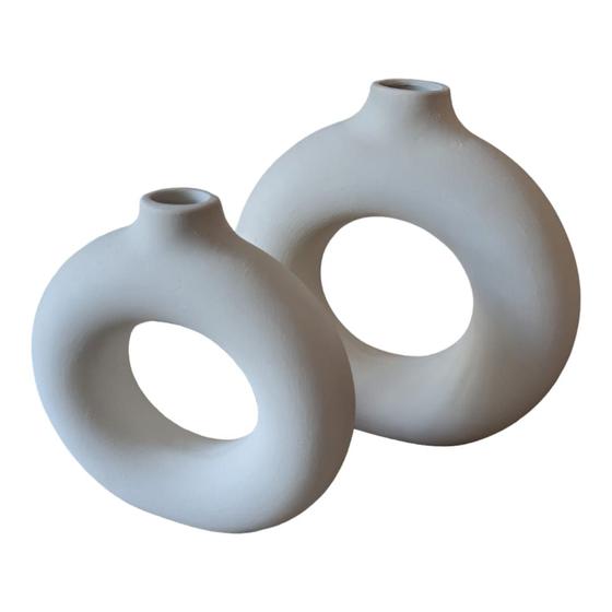 Imagem de Par de Vasos Nórdicos Modernos Donut em Cerâmica Branca fosca 