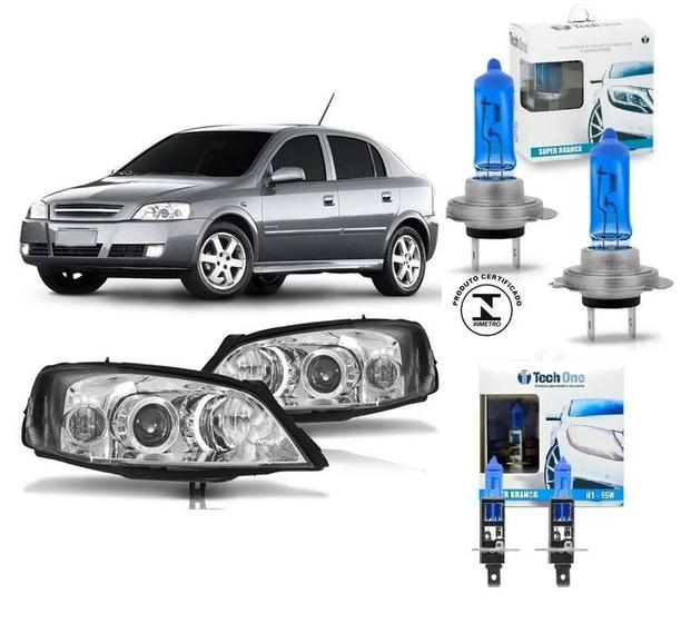 Imagem de Par farol astra 2003 a 2011 foco duplo mascara cromada + super led 6000k