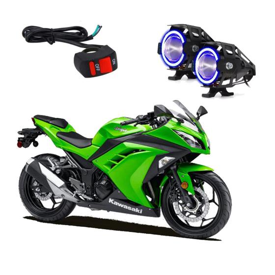 Imagem de Par Farol de Milha Angel Eye U7 Mini Azul para Moto Kawasaki Ninja 300 2014 2015 2016 2017 2018 2019 2020 2021 2022