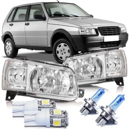 Imagem de Par farol fiat uno 2004 a 2013 mascara cromada e lampadas