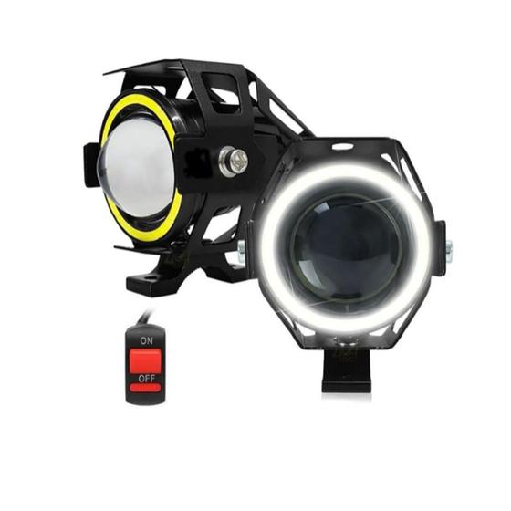 Imagem de Par Farol Milha Efeito Xenon Auxiliar Neblina Led U7 Moto Carro 3 Estágios Com Estrobo Olho de Anjo