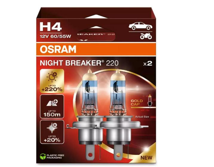 Imagem de Par Lâmpada H4 12v Osram Night Breaker 220 % + Luz 20% Foco branco 60/55w - Lançamento